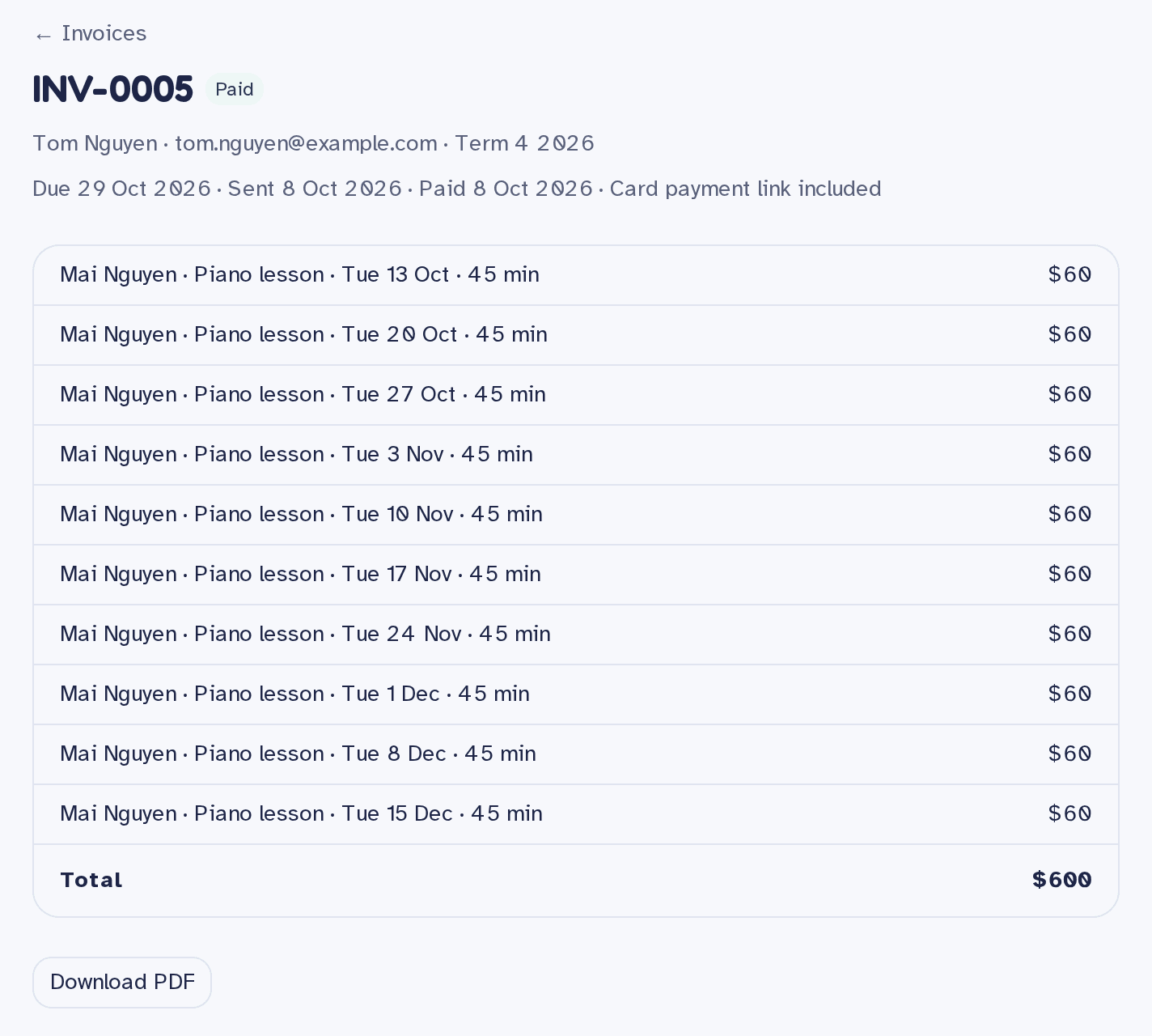 A term invoice in Tutti: ten weekly piano lessons at $60, a $600 total, marked paid by card.